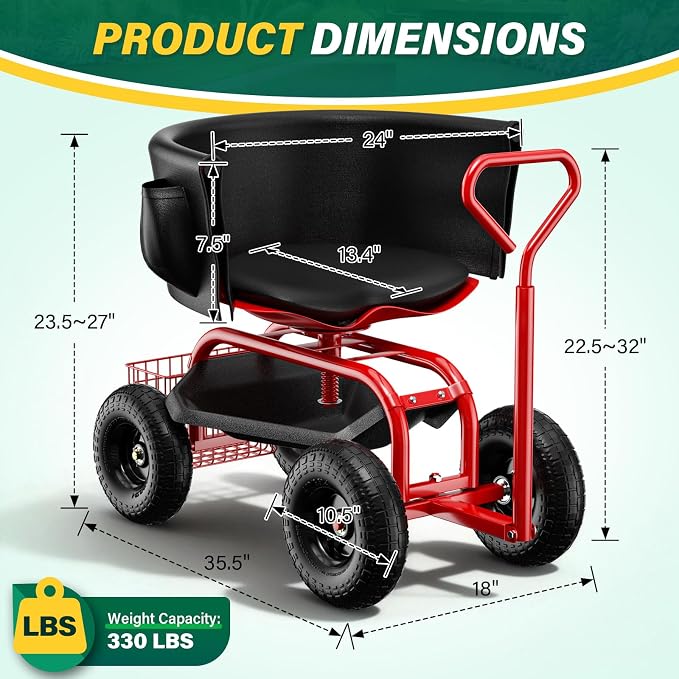 Baotree Garden Seat with Wheels, Rolling Garden Stool with Adjustable 360°Swivel Seat, Storage Basket & Extendable Handle, Outdoor Gardening Scooter, Garden Cart Workseat Stools for Seniors