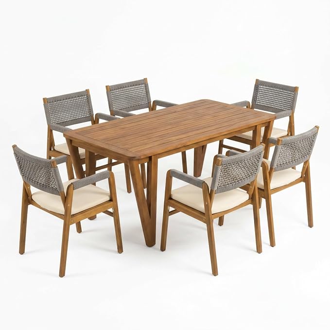 Christopher Knight Home Terri Acacia Wood Patio Dining Set for 6, Solid Wood Outdoor Dining Table Set for 6, 7 Piece Outdoor Dining Set with Rectangular Table and Woven Rope Accents, Teak+Beige+Grey
