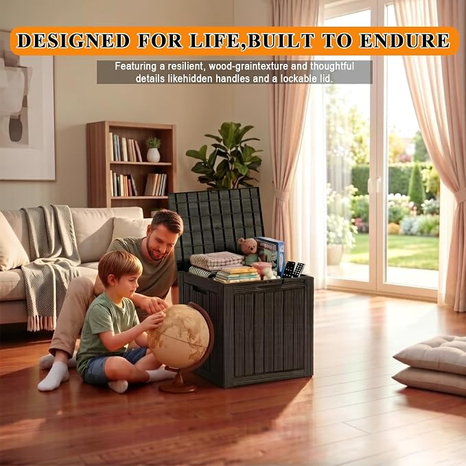 35 Gallon Deck Box Outdoor Waterproof, Resin Storage Box Outdoor Lockable, Multipurpose Outside Container for Patio Cushions, Garden Tools & Package Drop, UV & Fade Resistant, Black