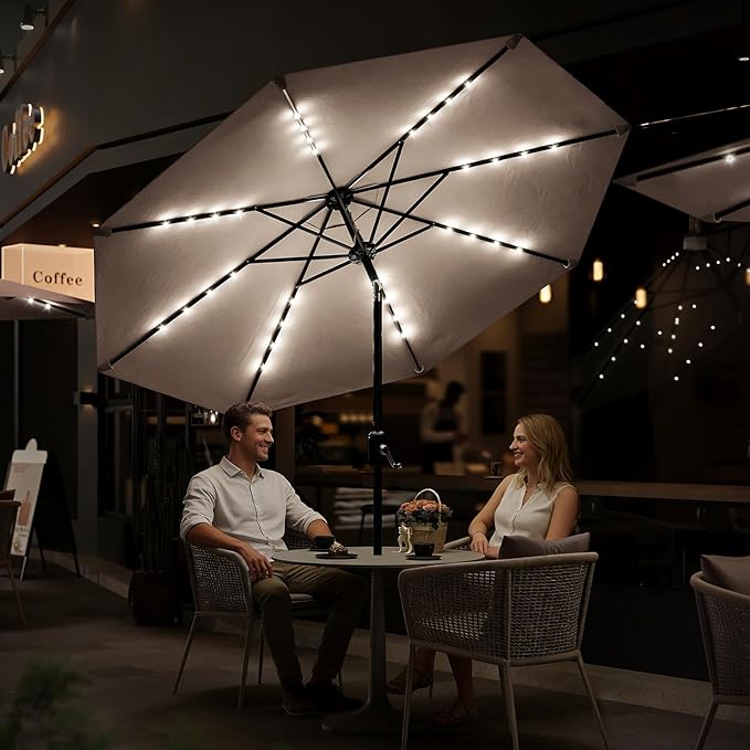 Garvee 9/10 FT Solar Patio Umbrella with 32 LED Lights - Outdoor Table Umbrella with Crank Lift, Push Button Tilt and 8 Sturdy Ribs - Market Umbrella UV Protection for Pool, Deck, Yard, Garden
