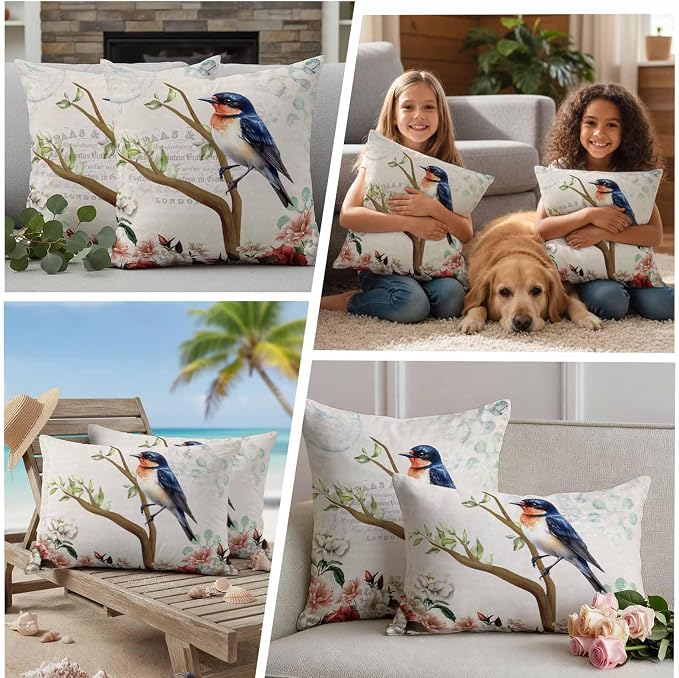 Spring Bird Branch Waterproof Outdoor Pillow Covers Set of 2 Home Decor, Farmhouse Vintage Botanical Floral Pillowcase Patio Pillow Covers for Couch Bench Furniture Garden 26x26in