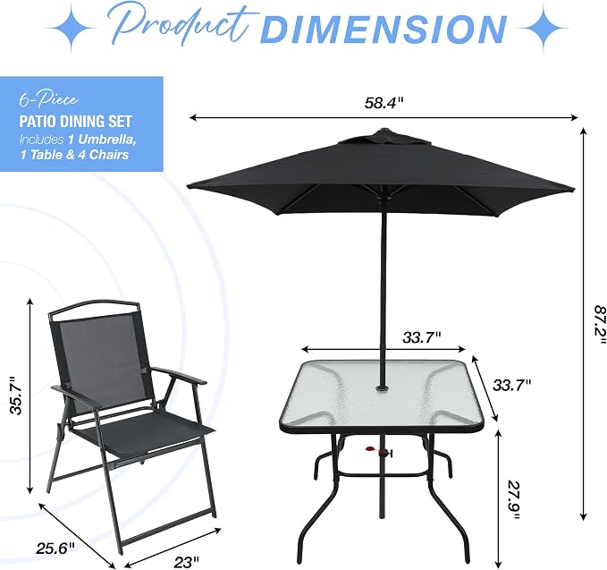 6-Piece Outdoor Patio Furniture Set for 4, Patio Table and Chairs Set with Umbrella, All-Weather Steel Frame & Glass Top Dining Table Set for Backyard, Lawn - Black