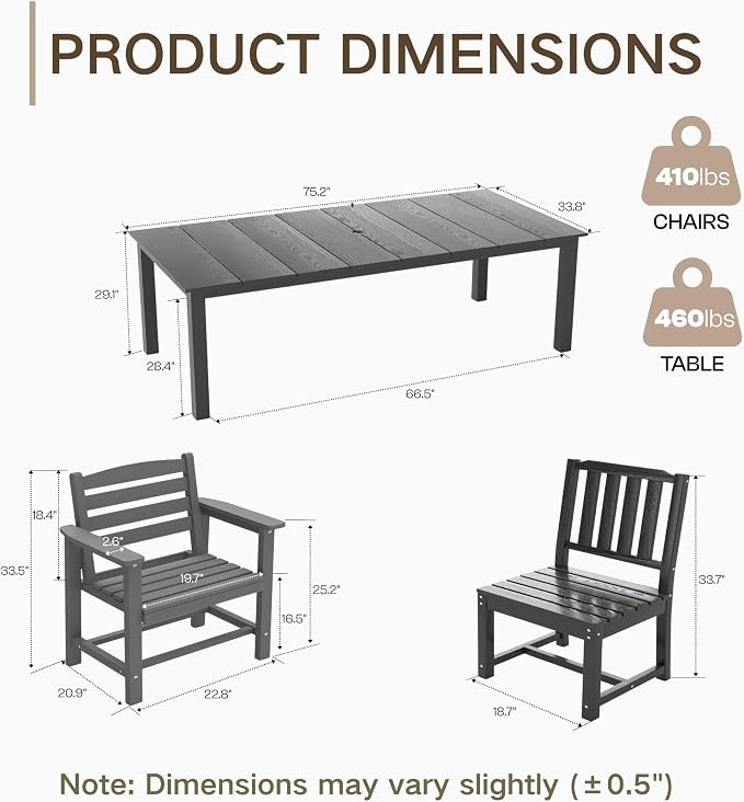Kingdura 9 Piece Patio Dining Set for 8, 75.2'' HDPE Outdoor Dining Table Set with 2" Umbrella Hole, Weather-Resistant Outdoor Furniture, Table and Chairs Set for Backyard Pool Garden, Grey