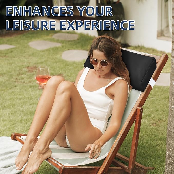 Headrest Pillow for Pool Chaise Lounge, Pool Lounge Pillows Outdoor with Elastic Band for Recliner and Pool Patio Chairs, Head Neck Support Pillow (Black, 22x8.6x3.9)