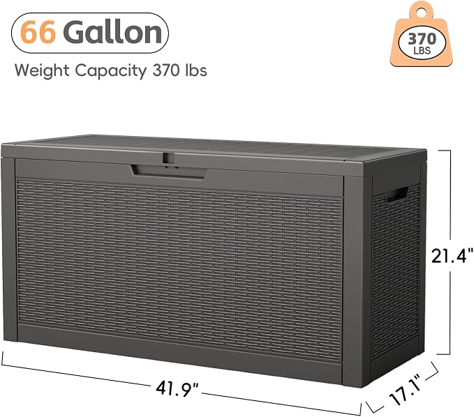 66 Gallon Outdoor Deck Box - Lockable Waterproof Storage Container, Resin Weatherproof Box for Patio Garden Furniture Pool Tools Cushions, Black