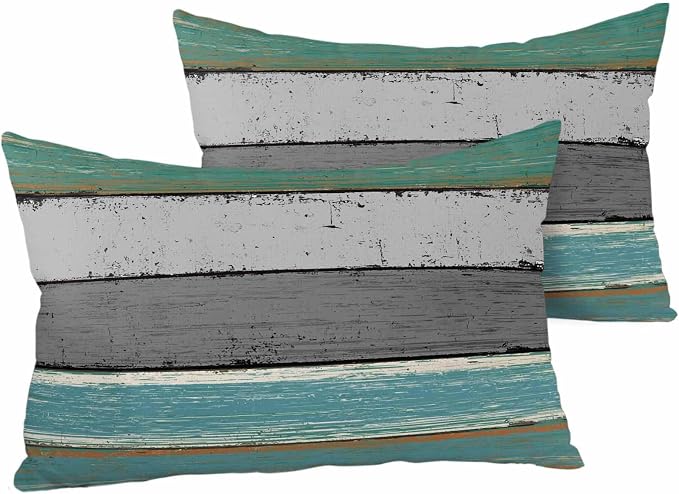 Outdoor Throw Pillow Covers 12X20 Set of 2 Waterproof Teal Green Gray Sea Decorative Zippered Cushion Covers for Patio Furniture, Farmhouse Retro Rustic Barn Wood Texture Lumbar Pillowcases