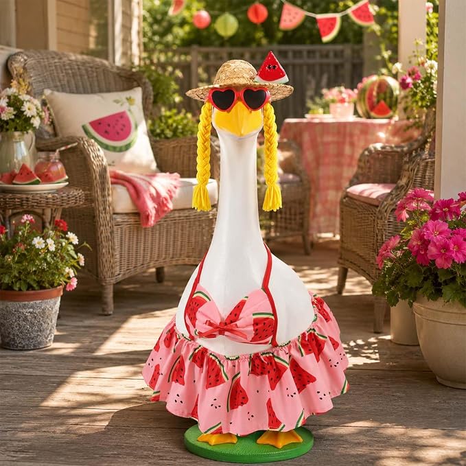 JcHrmers Bikini Goose Outfit Summer Watermelon Porch Goose Outfits Hawaiian Lawn Goose Clothes Fits 23" Cement Plastic Goose Statue for Summer Outdoor Garden Yard Patio Art Decor