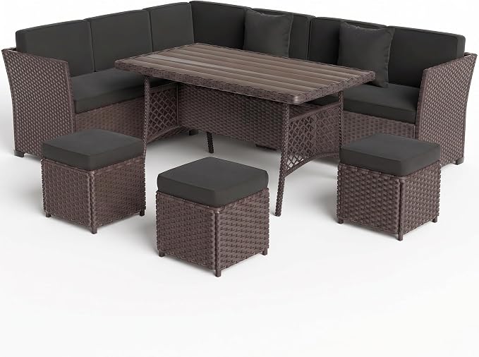 Patio Furniture Set, 7 Pieces Outdoor Dining Sets, All Weather Rattan Conversation Set, Outdoor Dining Sectional Sofa with Large Dining Table, Ottoman (Brown-Dark Grey, A-7 Pieces)