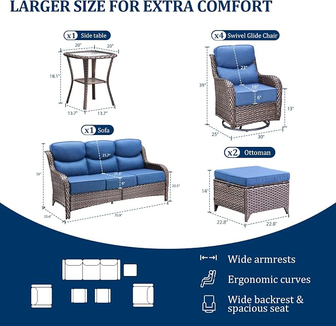Luxury Swivel Rocker Chair Sofa Set with 6" Thick Cushions,6 Piece Wicker Swivel Rocker Patio Chair with footstools,Outdoor Comfortable High Back Chair Patio Furniture Set - Brown | Blue
