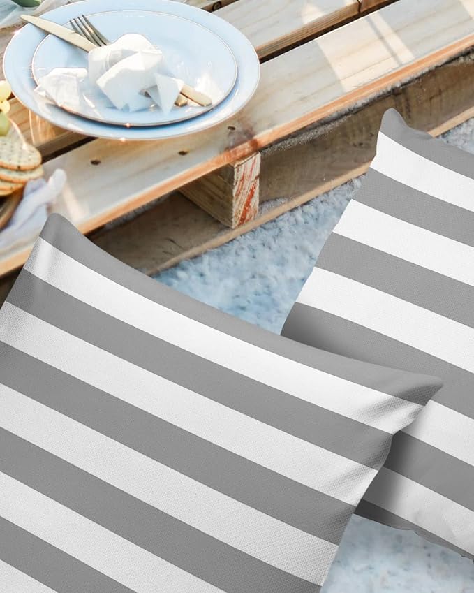 Outdoor Waterproof Pillow Covers for Patio Furniture Solid Striped Decorative Throw Pillow Cover Grey Pillowcases Set of 2 Cushion Case for Sofa Couch Chair Home Decor 20 x 20 Inches