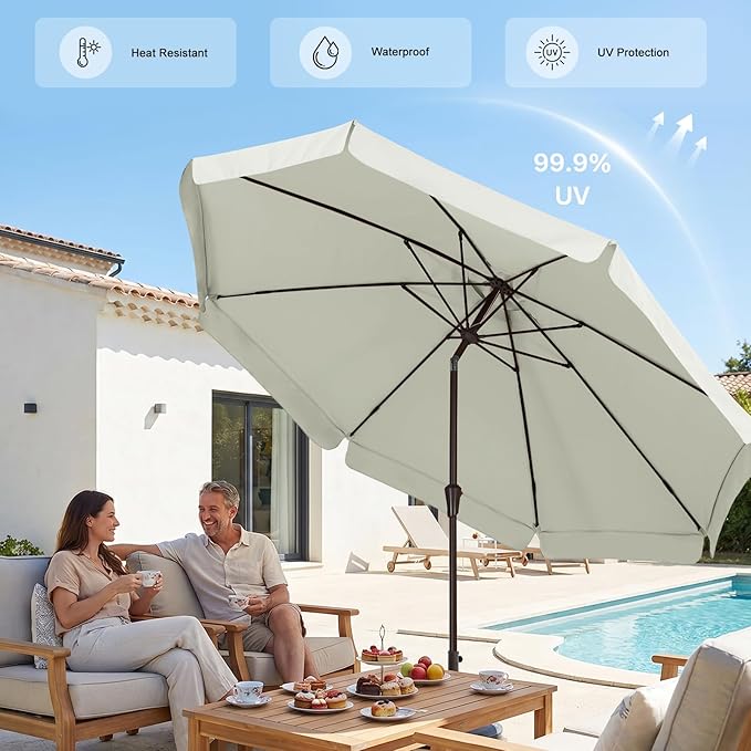 ABCCANOPY 9ft Scalloped Patio Umbrella, Outdoor Table Umbrella with Tilt and Crank, Fiberglass Ribs Deck Umbrella for Patio, Pool, Garden, Picnic (Light Beige)
