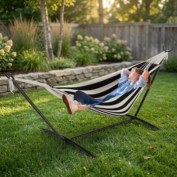 2 Person Double Hammock with Stand Foldable, 450Lbs Capacity, Double Hammocks Portable with Carrying Bag, Thick Rope, Collapsible Heavy-Duty Steel Stand for Indoor & Outdoor, Weatherproof