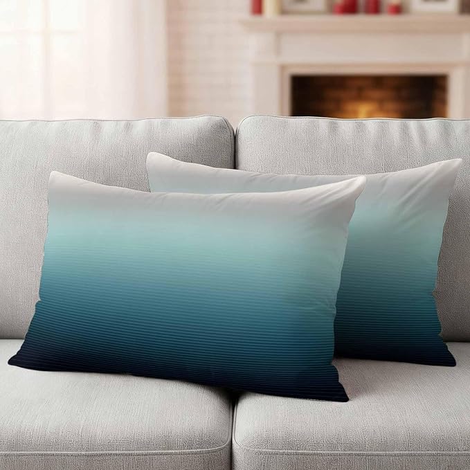 Waterproof Pillow Covers Set of 2,Black Teal and Gray Color Ombre Outdoor Pillow Protectors with Zipper Pillowcases for Patio Tent Garden Beach 20x12 Inches Modern Abstract Stripe Art