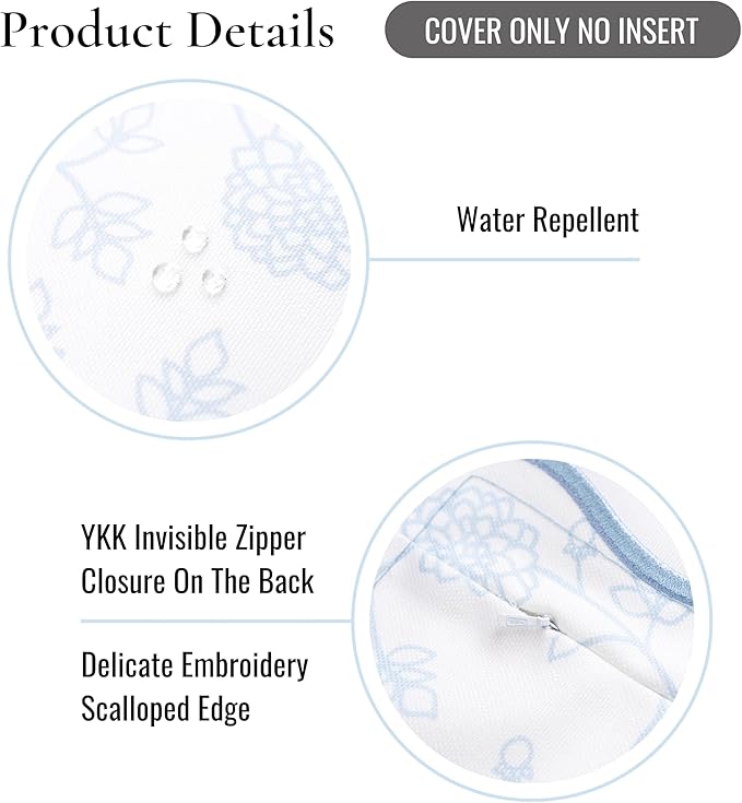 Hofdeco Premium Coastal Patio Indoor Outdoor Scalloped Throw Pillow Cover Only, 20"x20" Water Repellent for Backyard, Couch, Baby Blue Print Dahlia Floral