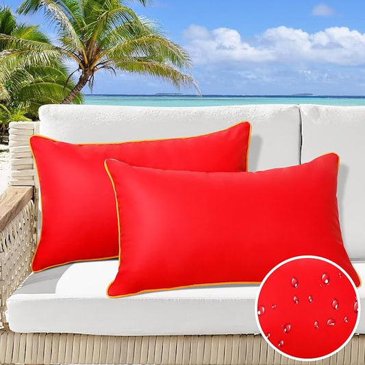 Silicone Leather Outdoor Waterproof Pillow Cover with Piping Outside Fadeproof Red Lumbar Pillows for Patio Furniture Bench House Couch 12x20 Inch, Pack of 2