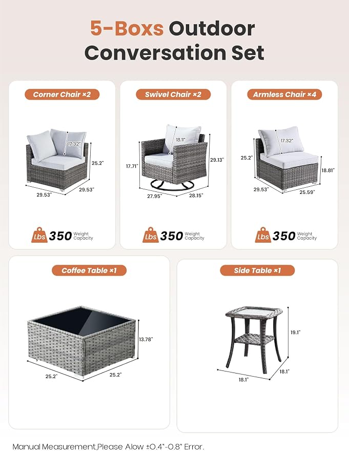 ovios Outdoor 10 Piece Coversation Set with Swivel Rocking Chair,Sectional Patio Furniture Set with All-Weather Wicker Sofa,Modern Outside Couch for Balcony Backyard Pool, Grey