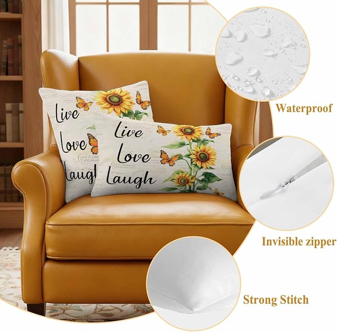 Live Love Laugh Outdoor Waterproof Throw Pillow Covers Set of 2, 24"x24", Sunflower Butterfly Rustic Watercolor Floral Decorative Pillow Covers Outside Cushion Case for Patio Porch Garden