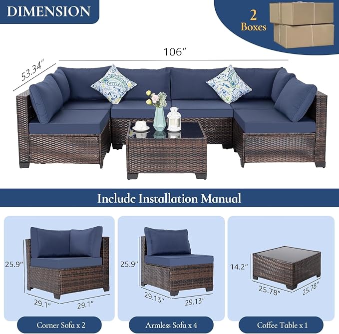 7 Piece Outdoor Patio Furniture Set with Wicker Sectional Couch, Rattan Sofa and Thick Cushions, Patio Conversation Sets with Coffee Table for Garden, Balcony, Backyard Lounge Seating(Blue)