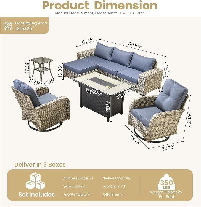 HOOOWOOO Outdoor Sectional Furniture Set with Fire Pit Table,8 Pieces Wicker Patio Conversation Sets,L Shape All Weather Outside Couch Sofa Set with Swivel Chairs Side Table Ottoman,Denim Blue