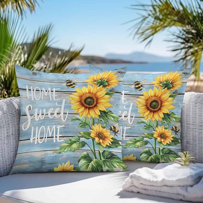 Throw Pillow Covers 26x26 Inch Set of 2, Spring Sunflower Waterproof Outdoor Pillow Covers, Bee Wooden Grain Country Rustic Decorative Cushion Pillowcases for Couch, Sofa, Bed, Garden, Patio