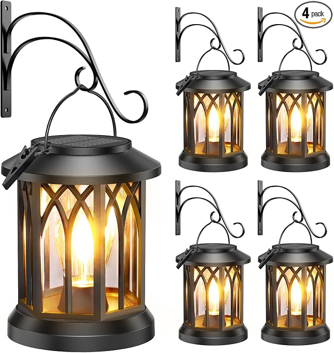 Solar Lanterns Outdoor Waterproof 4 Pack, Upgraded Solar Lantern Outdoor Lights with Wall Mount Kit, Hanging Solar Lights for Outside Decorative Patio Yard Path Porch Garden Decor