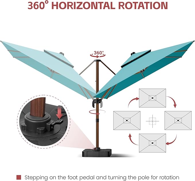 GENTEACO 10x13FT Wood Pattern Cantilever Patio Umbrella, Double Top Rectangle Offset Umbrella 7 Angle Tilts & 360° Rotation, Large Heavy Duty Outdoor Sun Umbrella for Pool Market, Turquoise Blue