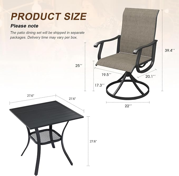 VICLLAX Patio 3 Pieces Outdoor Bistro Table Set, 28" Square Metal Table and 2 Swivel Textilene Chairs, Patio Dining Set for Patio, Lawn, Garden, Porch, Black/Brown