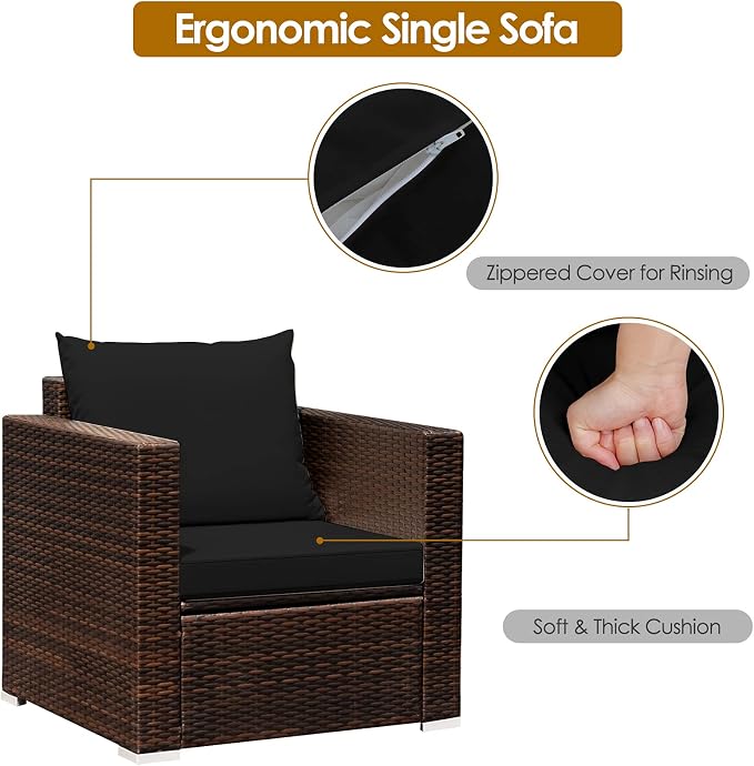 RELAX4LIFE 3-Piece Wicker Bistro Set - Outdoor Patio Rattan Sofa Set w/Washable Cushions & Tempered Glass Coffee Table, Conversation Furniture Set for Backyard, Porch, Garden & Poolside (Black)