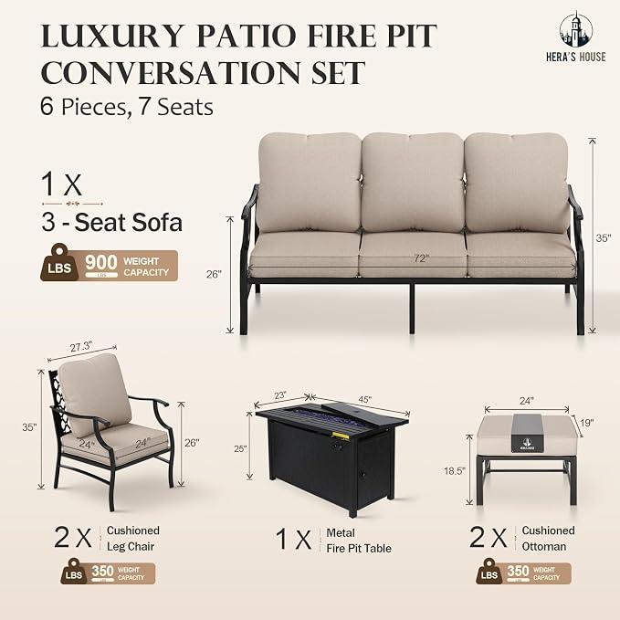 HERA'S HOUSE 6 Pieces Patio Furniture Set with Fire Pit Table, 2 x Single Chair, 2 x Ottoman, 3-Seat Sofa with 45" Fire Pit Table, Outdoor Conversation Set for Garden, Poolside, Backyard