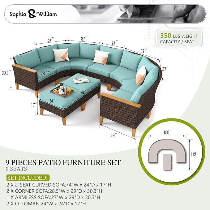 Sophia & William Outdoor Wicker Sectional Sofa Set, 9 Piece Half Moon Curved Patio Furniture Modern Outdoor Couch Conversation Set with Ottoman for Backyard, Pool, Garden(Aqua Blue)