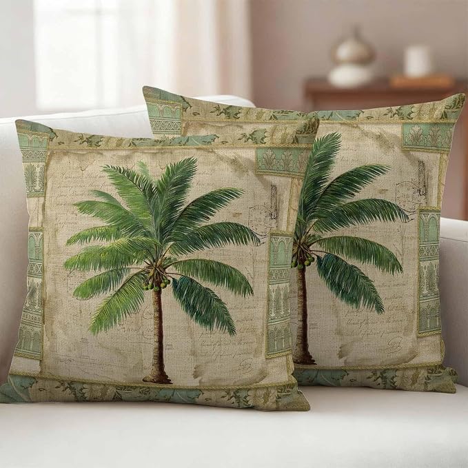 Summer Palm Trees Outdoor Pillow Covers 20"x20" Set of 2, Green Tropical Leaves Retro Boho Vintage Texture Waterproof Throw Pillow Covers for Patio Furniture, Decorative Cushion Covers for Porch