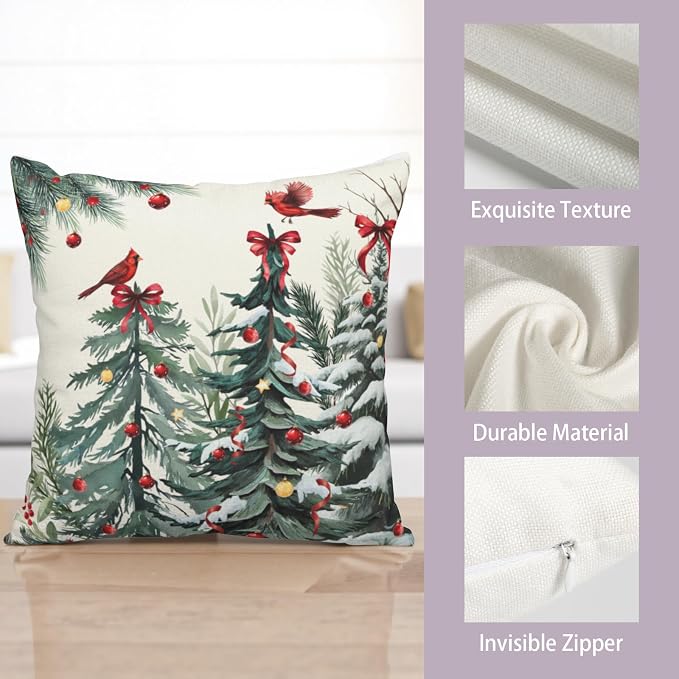 Set of 2 Christmas Tree Pillow Covers Snowy Pine Throw Pillow Covers 22x22 Green Xmas Tree Cardinal Bird Pillowcase Winter Holiday Cushion Case for Home Decor Couch Sofa