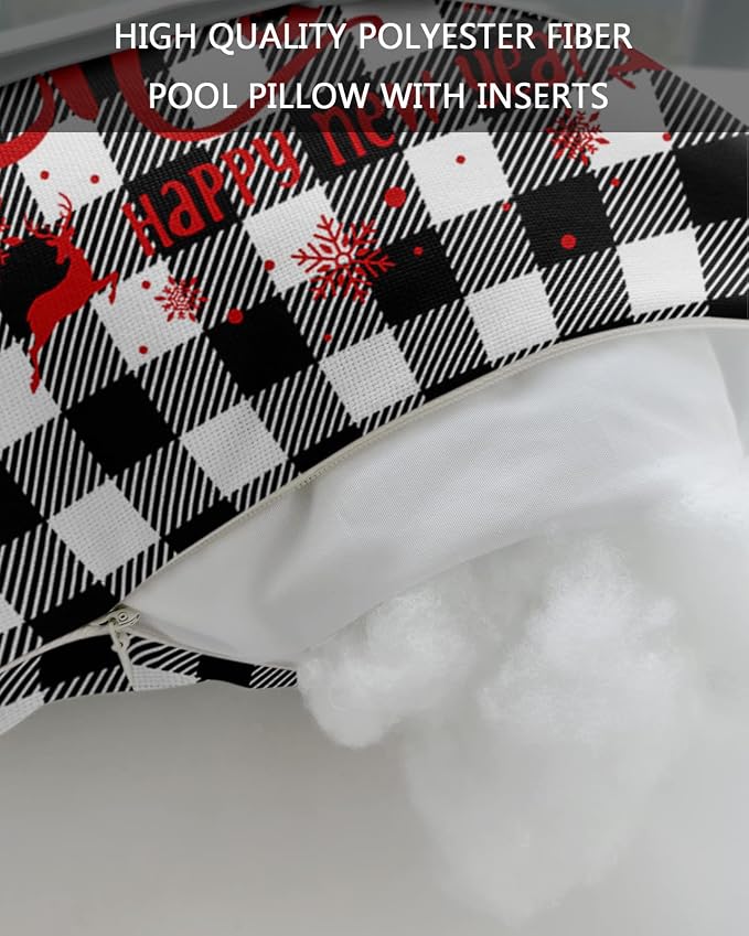 Outdoor Pillows Covers with Inserts Merry Christmas Black White Buffalo Checked Plaid Waterproof Pillow with Adjustable Strap Throw Pillows for Patio Furniture Recliner Lounge Chair, 11x16 inch, 1PCS