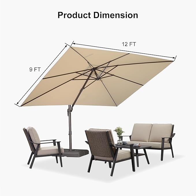 PURPLE LEAF 9' X 11.5' Rectangle Cantilever Umbrella Patio Umbrella Outdoor Aluminum Offset Antique Bronze Hanging Umbrella with 360-degree Rotation for Pool Garden Backyard Deck, Beige