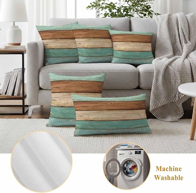 Farmhouse Teal Blue Brown Outdoor Waterproof Pillow Covers, Vintage Wooden Striped Decorative Rectangle Throw Pillowcase Sofa Cushion Sham for Patio/Couch/Chair, 20"x12" 2 Pack