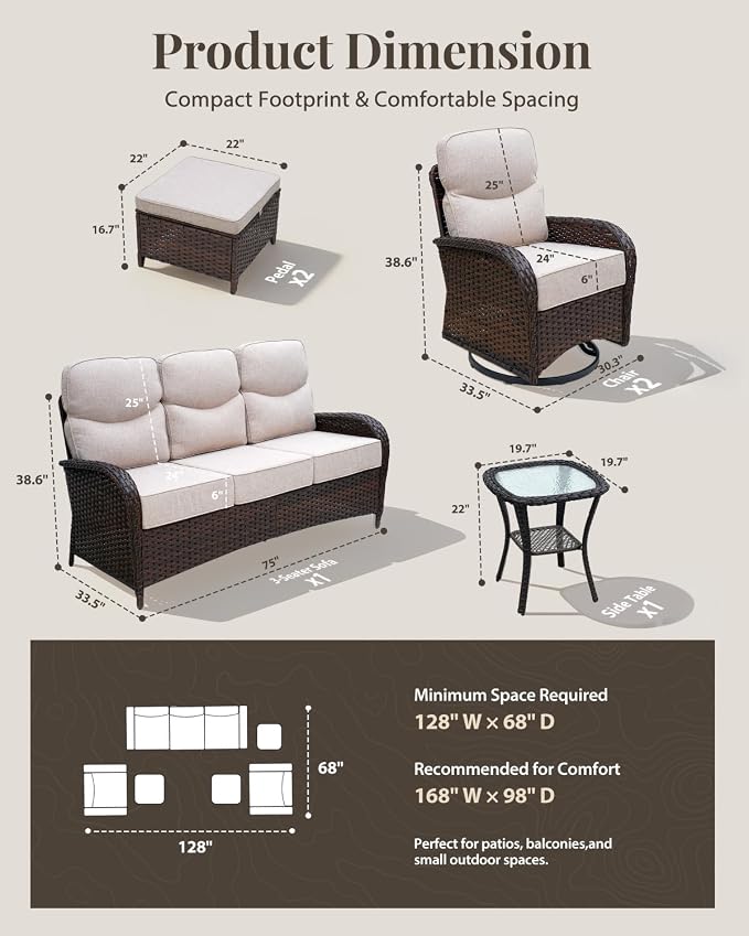 Patio Furniture Set with Luxury 6" Cushions, 6 Pcs Swivel Rocking Patio High Back Chairs and Couch, Outdoor Wicker Conversation Set for Deck, Porch, Backyard, Poolside, Beige