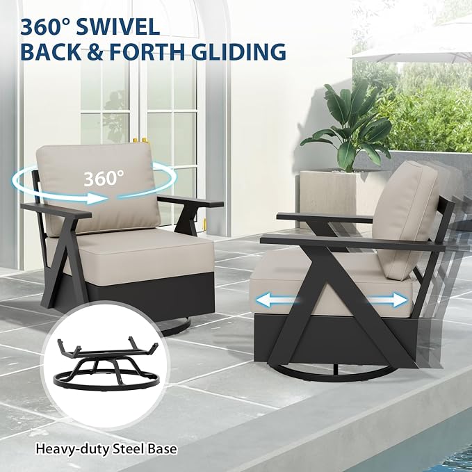 COOS BAY Iron Luxe 7 Piece Outdoor Patio Furniture Set, Modern Patio Conversation Set with 4 Swivel Rocking Chairs, a 3 Seat Couch, Coffee Table & Side Table for Deck, Garden, Porch, Black/Beige