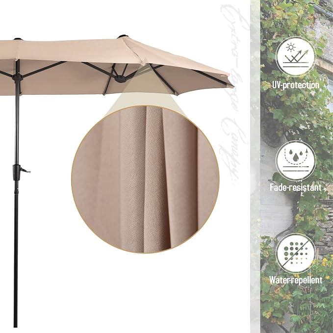 Sophia & William 8 Pieces Patio Dining Set with 13 Ft Beige Double-Sided Twin Umbrella, Outdoor Rattan Chairs & Metal Table Set with Cushions and 1.57" Umbrella Hole for Backyard Porch Poolside