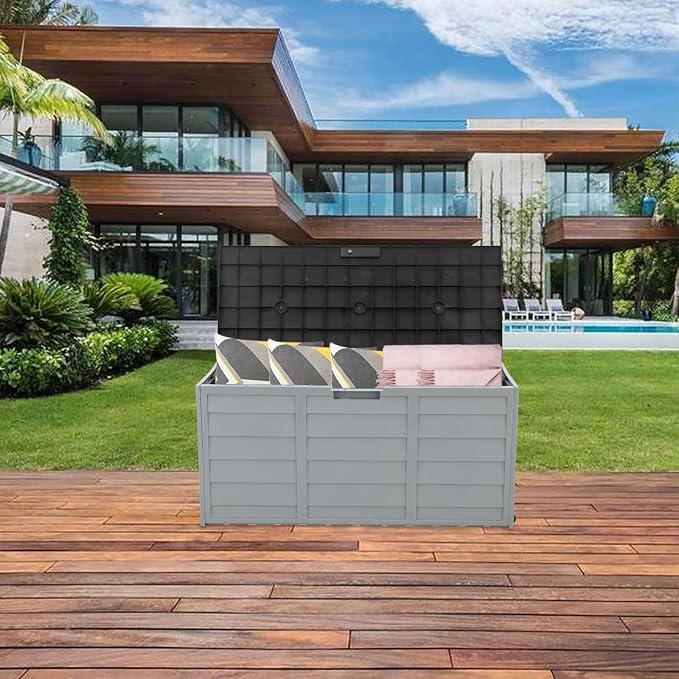 75gal Patio Garden Storage Deck Box, Large Storage Box Organizer, Lockable Seat & Wheels Durable Plastic Weatherproof Extra Storage for Tools, Cushions, Toys Easy Assembly Black