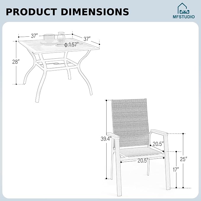 MFSTUDIO 5 PCS Patio Dining Set with 4 Stacking Aluminum Armchair(Beige) and 1 Square Heavy Duty Table
