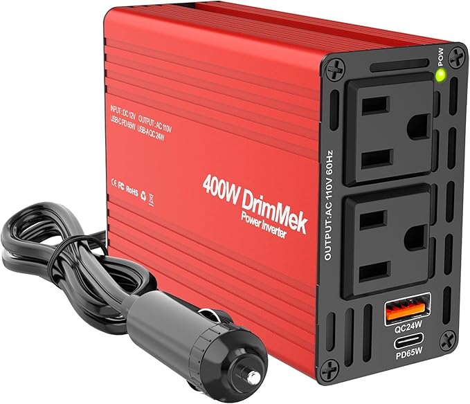 400W Car Power Inverter for Vehicles｜24W+65W USB C,12V DC to AC | 65w Fast Charger,2 AC Output,Aluminum alloy casing