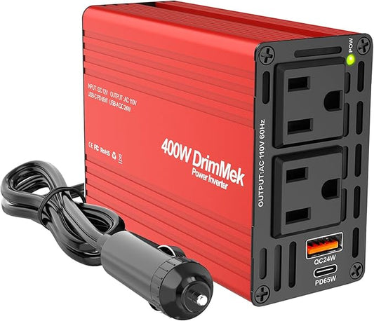 400W Car Power Inverter for Vehicles｜24W+65W USB C,12V DC to AC | 65w Fast Charger,2 AC Output,Aluminum alloy casing