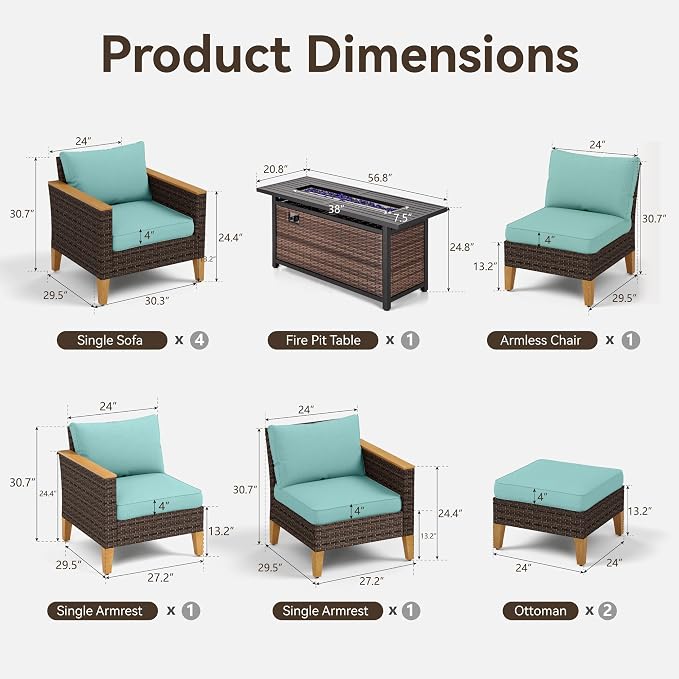 GREEN PARTY 9 Pieces Wicker Patio Furniture Set with 56" Fire Pit Table, All-Weather Outdoor Rattan Patio Sectional Sofa Conversation Set with 4" Thick Cushions for Backyard, 2 x Ottomans (Blue)