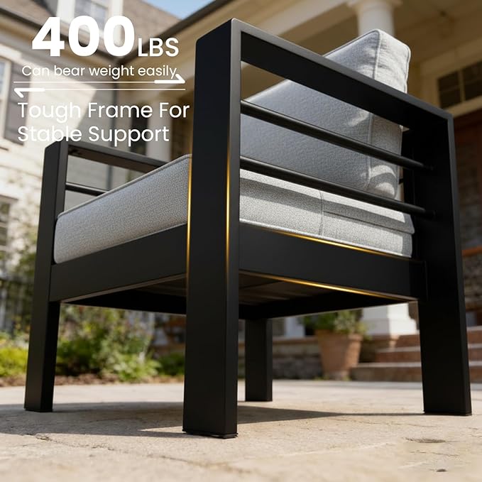 LayinSun Outdoor Aluminum Furniture Set, 4 Pieces Patio Sectional Conversation Chat Sofa Modern Seating Set with Coffee Table