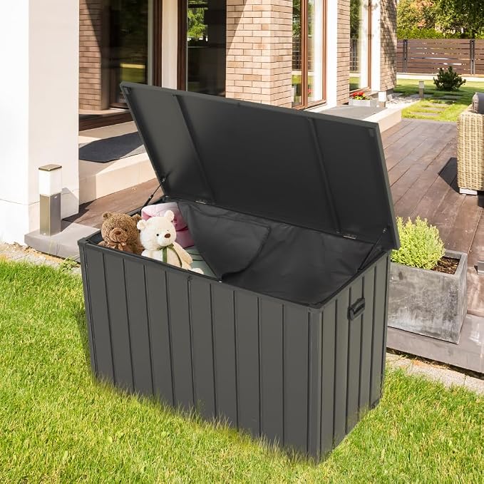160 Gallon Waterproof Outdoor Deck Box Storage Chest in Dark Gray, Large Capacity Patio Storage for Garden Tools, Cushions, and More (100 Gallon (Dark Gray) + Waterproof Storage Bag)