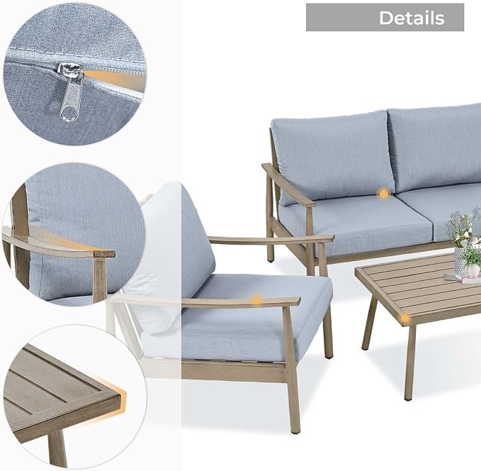 HAPPATIO Patio Outdoor Furniture Set - 4 Piece Aluminum Patio Conversation Set with 1 Coffee Table, 2 Armchairs and 1 Loveseat, Aluminum Outdoor Furniture Set for Backyard Deck Poolside (Brown)