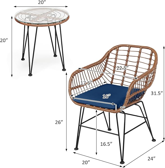 DORTALA 3 Piece Patio Bistro Set, Outdoor Wicker Furniture with Round Tempered Glass Top Table & 2 Rattan Armchairs, Cushions, Conversation Set for Porch, Backyard, Garden, Navy