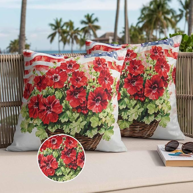 4th of July Flower Waterproof Outdoor Pillow Covers Set of 2 Home Decor, Vintage Red Stripe Flag Poppy Floral Pillowcase Patio Pillow Covers for Couch Bench Furniture Garden 26x26in