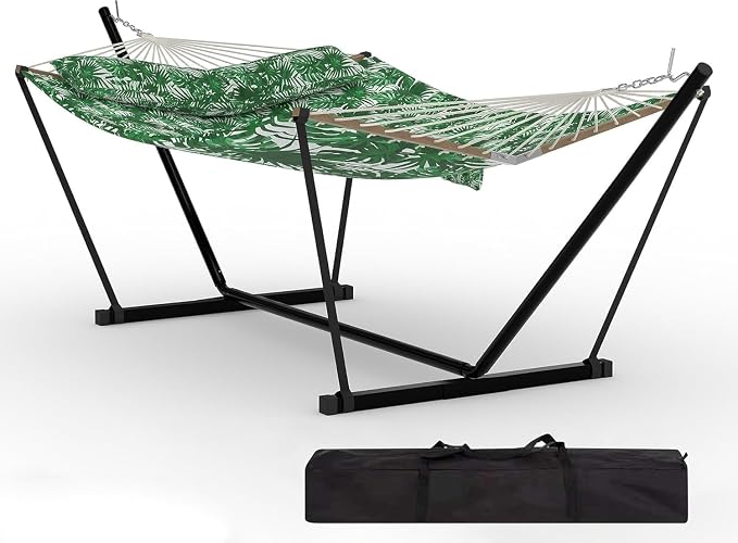 2 Person Hammock with Stand for Outdoor, 475 Lbs Capacity, Heavy Duty Portable Hammock with Adjustable Steel Stand for Patio, Garden, Beach, Backyard - Includes Carrying Bag