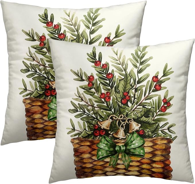 Winter Holiday Throw Pillow Covers Set of 2, 20x20 Inch Pine Branches Leaves Red Berry Basket Decorative Cotton Square Pillowcases for Sofa Bed Couch Patio Porch Home Decor